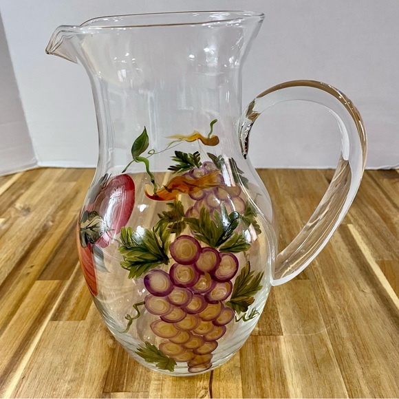 Hand Painted Fruit Clear Glass Pitcher Carafe Grapes Apples Elegant Farmhouse - Picture 2 of 12